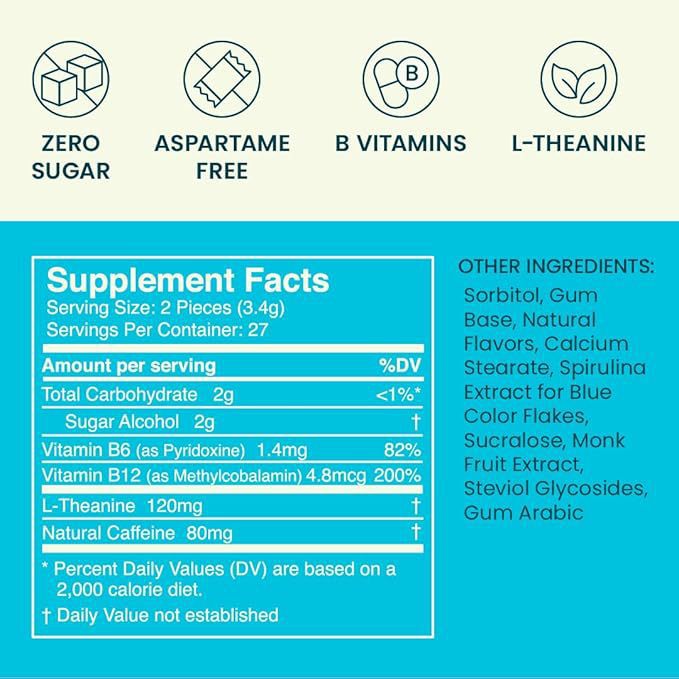 Caffeine Nootropics for Energy and Focus - Sugar Free with L-Theanine, Caffeine, Vitamin B12 & Vitamin B6 - Mint Flavor